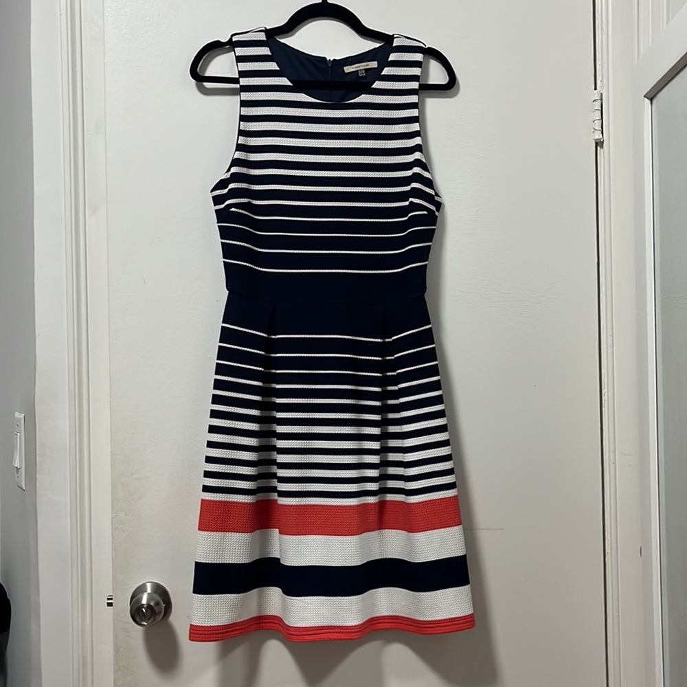 Blue white and pink striped dress